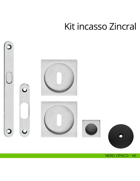 Kit maniglia incasso quadrata foro chiave con maniglia di trascinamento, serratura e chiave Zincral Linea Calì nero opaco