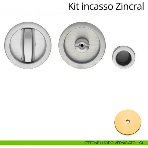 Kit maniglia incasso tonda con nottolino, taglio vite e maniglia di trascinamento Zincral Linea Calì ottone lucido verniciato