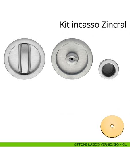 Kit maniglia incasso tonda con nottolino, taglio vite e maniglia di trascinamento Zincral Linea Calì ottone lucido verniciato