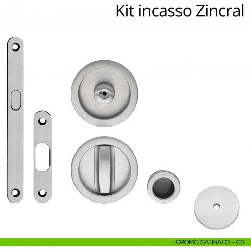 Kit maniglia incasso tonda con nottolino, taglio vite, maniglia di trascinamento e serratura Zincral Linea Calì cromo satinato