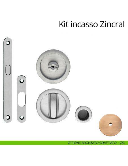 Kit maniglia incasso tonda con nottolino, taglio vite, maniglia di trascinamento e serratura Zincral Linea Calì