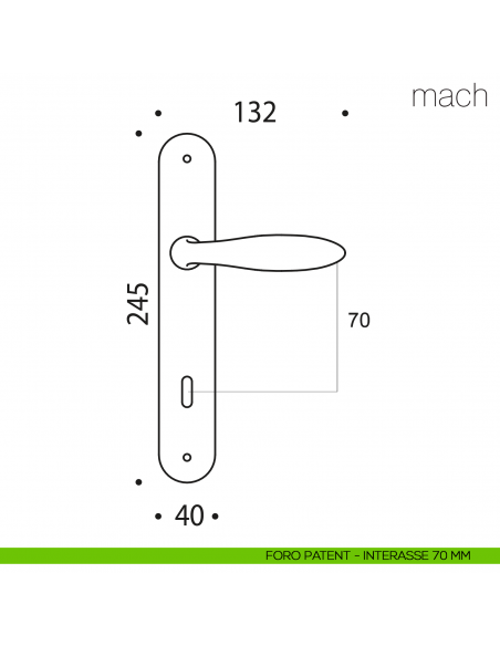 Maniglia con placca per porta Mach Colombo Design placca foro patent interasse 70 mm