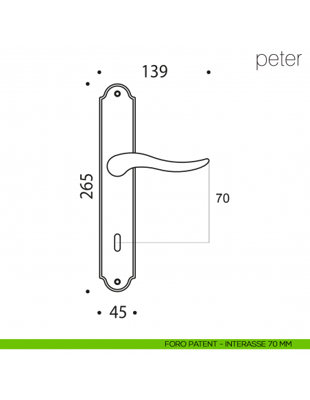 Maniglia con placca per porta Peter Colombo Design placca foro patent interasse 70 mm
