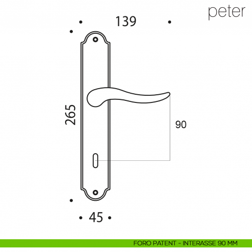 Maniglia con placca per porta Peter Colombo Design placca foro patent interasse 90 mm