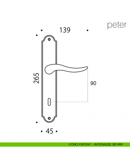 Maniglia con placca per porta Peter Colombo Design placca foro patent interasse 90 mm