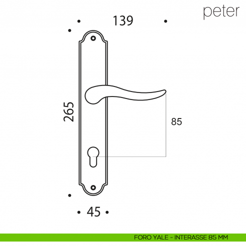 Maniglia con placca per porta Peter Colombo Design placca foro yale interasse 85 mm