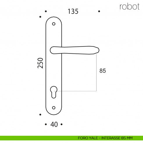 Maniglia con placca per porta Robot Colombo Design placca foro yale interasse 85 mm