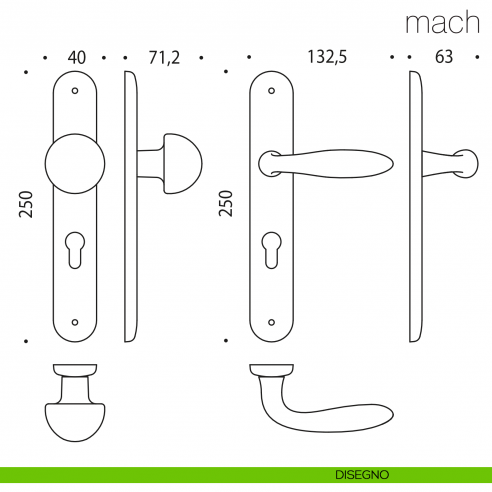 Maniglia per hotel su placca Mach con pomolo fisso Robot Colombo Design disegno