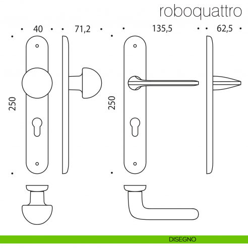 Maniglia per hotel su placca Roboquattro con pomolo fisso Robot Colombo Design disegno
