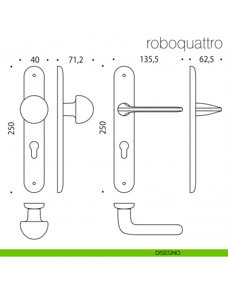 Maniglia per hotel su placca Roboquattro con pomolo fisso Robot Colombo Design disegno