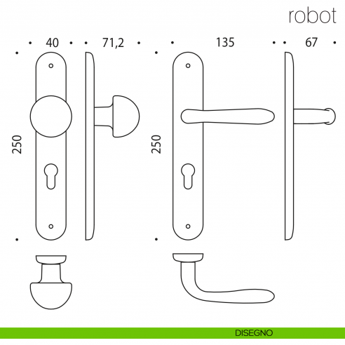 Maniglia per hotel su placca Robot con pomolo fisso Robot Colombo Design disegno