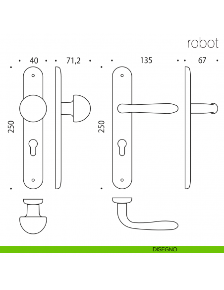 Maniglia per hotel su placca Robot con pomolo fisso Robot Colombo Design disegno