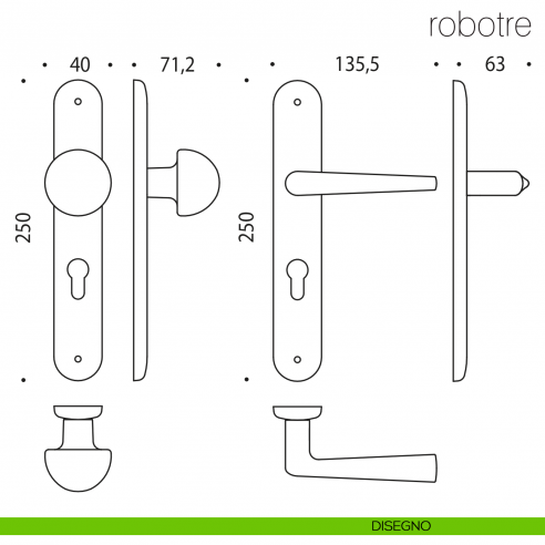 Maniglia per hotel su placca Robotre con pomolo fisso Robot Colombo Design disegno