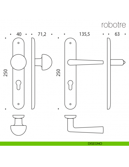 Maniglia per hotel su placca Robotre con pomolo fisso Robot Colombo Design disegno