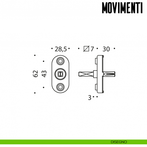 Movimento DK D per maniglia finestra Colombo Design con boccole disegno tecnico