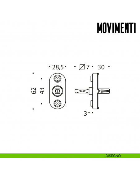 Movimento DK D per maniglia finestra Colombo Design con boccole disegno tecnico