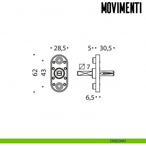 Movimento DK DF per maniglia finestra Colombo Design basso con boccole disegno tecnico