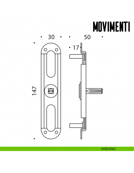 Movimento MP per maniglia finestra cremonese Colombo Design disegno tecnico
