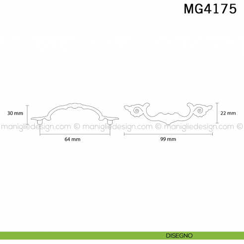 Maniglia in stile Barocco per mobile antico Metal Style Patinè bm MG4175 interasse 64 mm