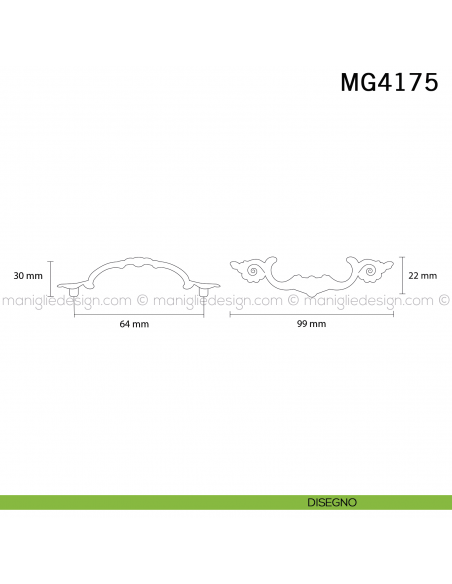 Maniglia in stile Barocco per mobile antico Metal Style Patinè bm MG4175 interasse 64 mm
