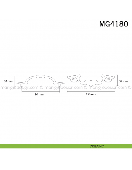 Maniglia in stile Barocco per mobile antico Metal Style Patinè bm MG4180 interasse 96 mm