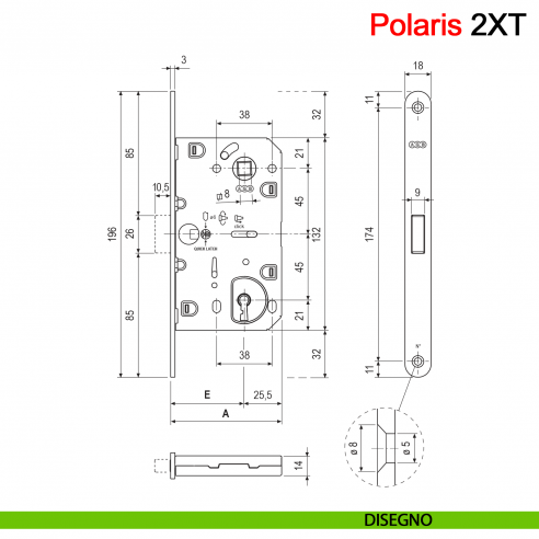 Serratura magnetica AGB Polaris 2XT chiave interasse 90 mm disegno