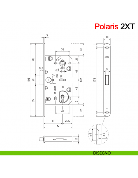 Serratura magnetica AGB Polaris 2XT chiave interasse 90 mm disegno
