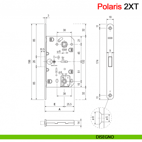 Serratura magnetica AGB Polaris 2XT nottolino WC interasse 96 mm disegno
