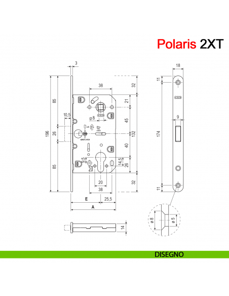 Serratura magnetica AGB Polaris 2XT cilindro Yale interasse 85 mm disegno