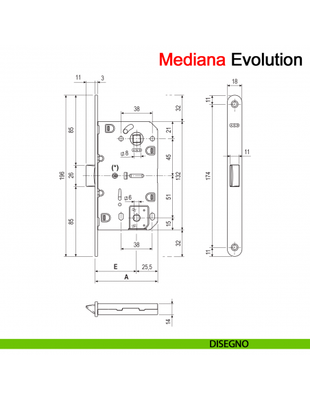 Serratura meccanica AGB Mediana Evolution nottolino WC interasse 96 mm disegno