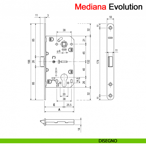 Serratura meccanica AGB Mediana Evolution cilindro yale interasse 85 mm disegno