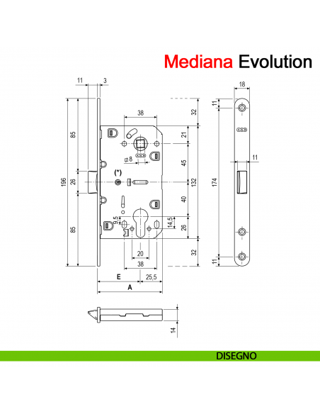 Serratura meccanica AGB Mediana Evolution cilindro yale interasse 85 mm disegno
