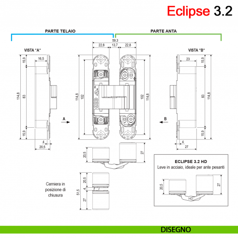 Cerniera a scomparsa regolabile per porta AGB Eclipse 3.2 disegno