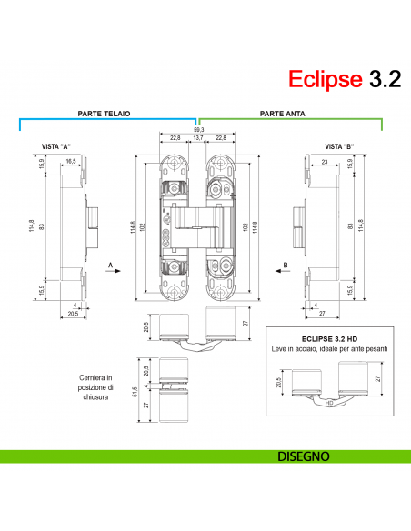 Cerniera a scomparsa regolabile per porta AGB Eclipse 3.2 disegno