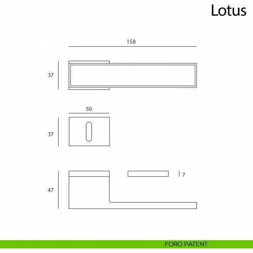 Maniglia per porta Lotus Comit con rosetta rettangolare foro patent