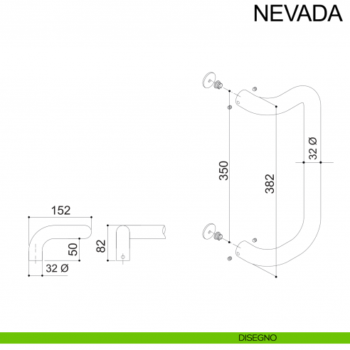 Maniglione zancato in acciaio tubolare per porta diametro 32 mm Nevada Fimet Inox disegno