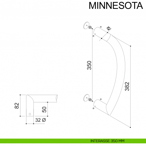 Maniglione curvo in acciaio inox per porta diametro 32 mm Minnesota Fimet Inox disegno interasse 350 mm
