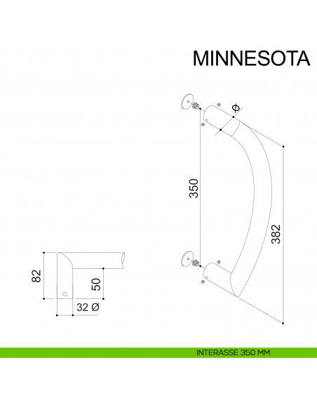 Maniglione curvo in acciaio inox per porta diametro 32 mm Minnesota Fimet Inox disegno interasse 350 mm