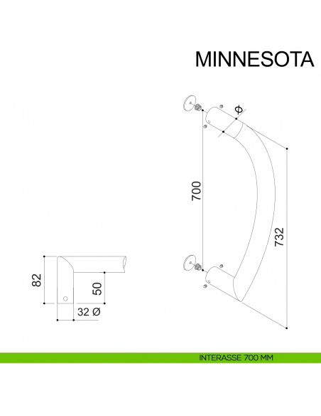 Maniglione curvo in acciaio inox per porta diametro 32 mm Minnesota Fimet Inox disegno interasse 700 mm