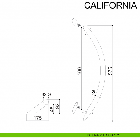 Maniglione zancato tubolare in acciaio per porta diametro 32 mm California Fimet Inox interasse 500 mm