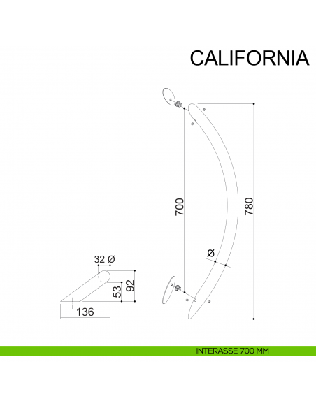 Maniglione zancato tubolare in acciaio per porta diametro 32 mm California Fimet Inox interasse 700 mm
