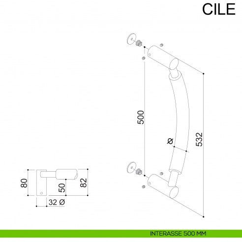 Maniglione tondo zancato in acciaio per porta diametro 30 mm Cile Fimet Inox interasse 500 mm