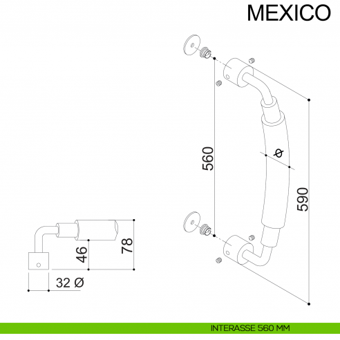 Maniglione zancato tondo in acciaio per porta diametro 32 mm Mexico Fimet Inox interasse 560 mm