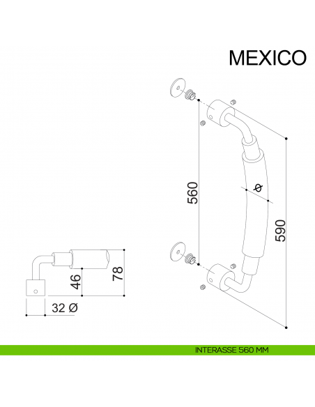 Maniglione zancato tondo in acciaio per porta diametro 32 mm Mexico Fimet Inox interasse 560 mm