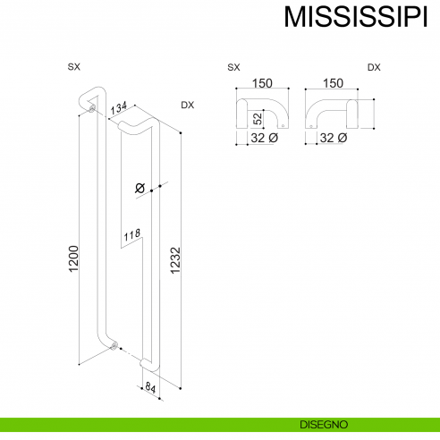 Maniglione zancato in acciaio per porta diametro 32 mm Mississippi Fimet Inox accoppiato disegno