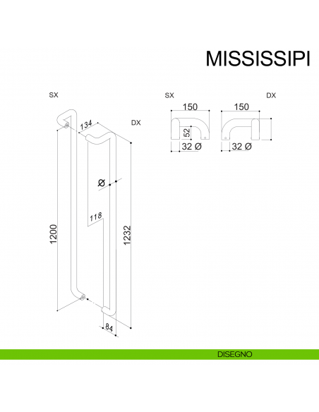 Maniglione zancato in acciaio per porta diametro 32 mm Mississippi Fimet Inox accoppiato disegno