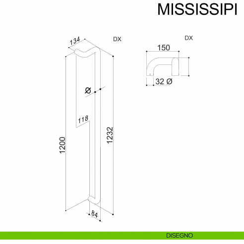 Maniglione zancato in acciaio per porta diametro 32 mm Mississippi Fimet Inox destro disegno