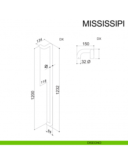Maniglione zancato in acciaio per porta diametro 32 mm Mississippi Fimet Inox destro disegno