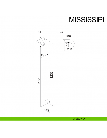 Maniglione zancato in acciaio per porta diametro 32 mm Mississippi Fimet Inox disegno sinistro