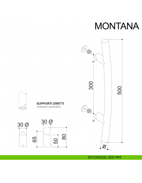 Maniglione acciaio tubolare curvo per porta diametro 30 mm Montana Fimet Inox interasse 300 mm